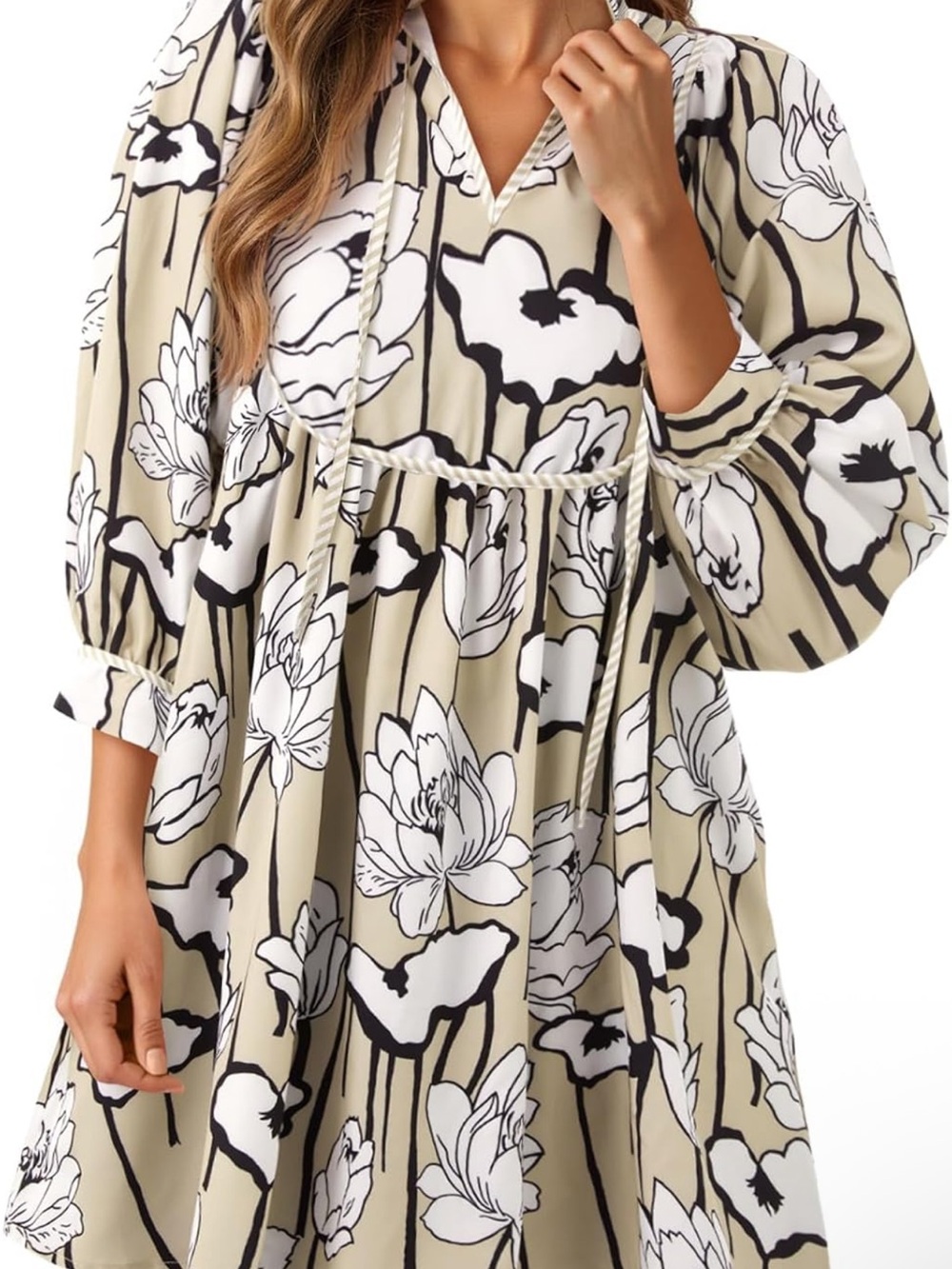 Cicy Bell Women's Beige Floral Midi Dress with Puff Sleeves